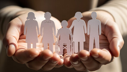 A compassionate hand holding paper figures representing family, community, and social care