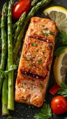 Grilled Salmon Fillet Topped with Fresh Herbs and Salt Served with Roasted Asparagus, Cherry Tomatoes and Lemon