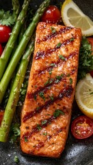 Perfectly Seared Grilled Salmon Fillet with Charred Marks Served with Fresh Asparagus, Lemon Slices and Herbs