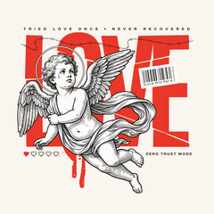 Grunge Typographic Design With Vintage Cupid