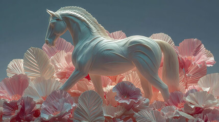 Stylized white horse surrounded by pink and white paper-like flower-like shapes.