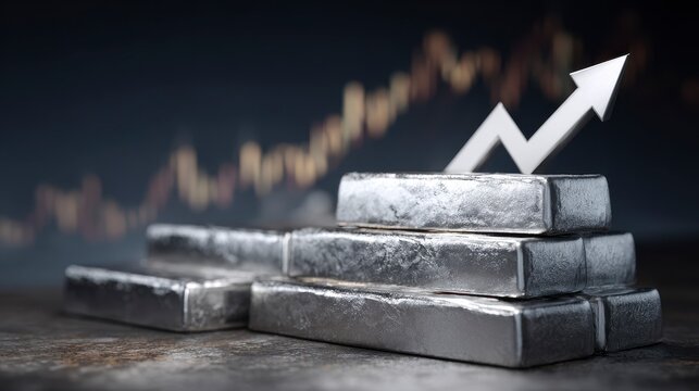 Stacked silver bars with an upward trending arrow, hinting at financial growth, against a blurred chart background - Powered by Adobe