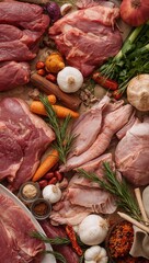 Top View of Various Raw Meats Including Beef and Pork with Fresh Vegetables, Herbs and Spices for Meal Preparation