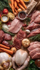 Assorted Raw Meats and Whole Chickens Laid Out with Fresh Carrots, Onions, Herbs and Sea Salt on a Brown Paper Background