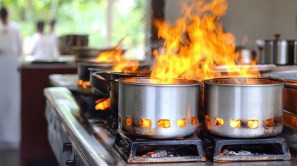Pots with roaring flames on a communal outdoor cooking stove