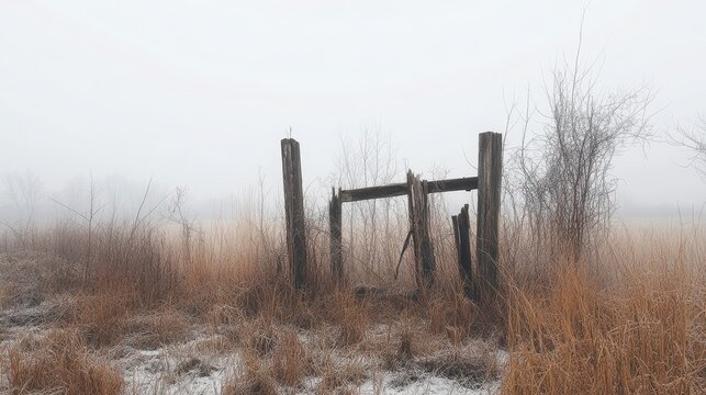 Remnants of a decaying wooden fence post structure stand weathered in a foggy, snow-dusted rural landscape