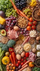Large Variety of Fresh Healthy Food Ingredients Including Fruits, Vegetables, Meat, Eggs and Nuts for a Balanced Diet