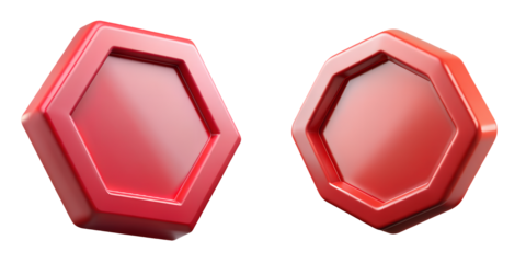 Two vibrant red 3D hexagon and octagon frame icons, isolated on a transparent background, featuring glossy modern geometric shapes for digital interface design elements