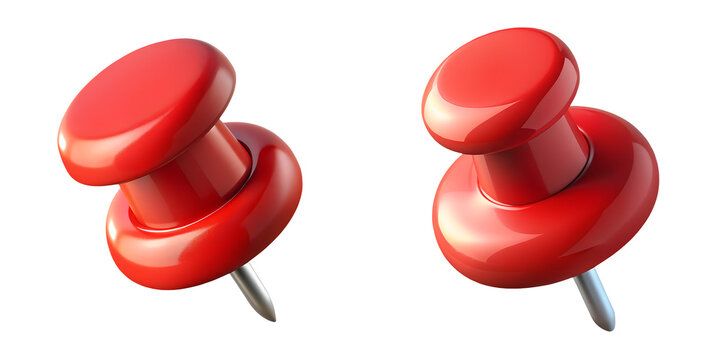 Two vibrant red 3D push pin icons, isolated on a transparent background, featuring a glossy plastic design for office supplies, organization, reminders, and creative projects - Powered by Adobe