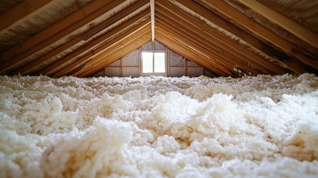 Interior view of a residential attic filled with loose fill insulation beneath wooden roof beams and a small dormer window allowing in natural light