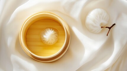 Single shrimp dumpling in a bamboo steamer presented with elegance