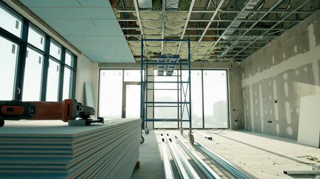 Interior construction site with drywall installation in progress, tools, and scaffolding, 4k high quality video