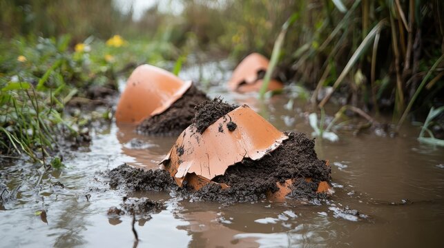 Shattered terracotta pots filled with soil and plants submerged in water and mud outdoors