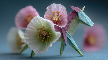 Origami unicorn with cherry blossom flowers, crafted from colored paper.