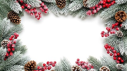 A frosted evergreen garland border featuring vibrant red berries and natural pinecones set against a minimalist white background space
