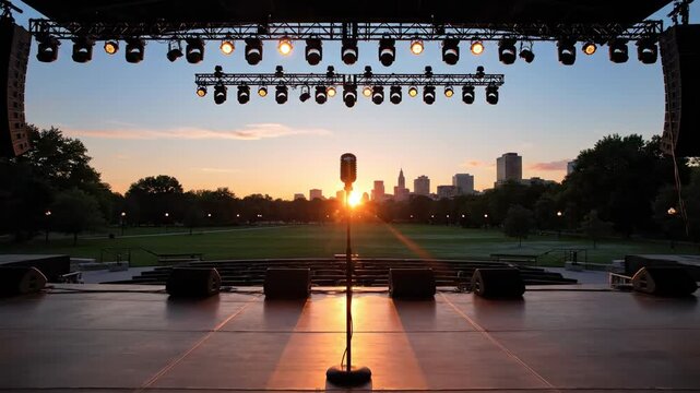 Stage Setting at Sunset: A stage stands ready with lights set, a lone microphone poised to capture the evening's performance, silhouetted against a dramatic sunset and city backdrop.