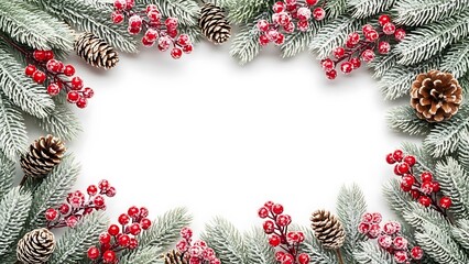 A frosted evergreen garland border featuring vibrant red berries and natural pinecones set against a minimalist white background space