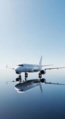 Fototapeta premium Airplane Reflection - A Modern Jet on a Mirrored Surface Under a Clear Sky.