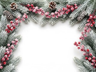 A frosted evergreen garland border featuring vibrant red berries and natural pinecones set against a minimalist white background space