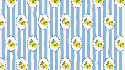 Lemon. Seamless pattern with lemons on a striped background. Modern retro illustration.