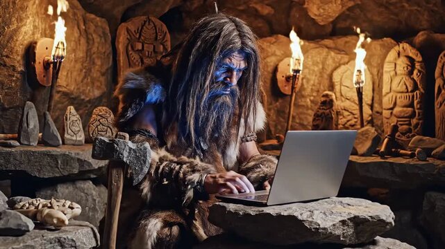 A dramatically lit, warm-toned caveman is typing on a computer inside his primitive, stone-walled prison, blending prehistoric style with modern technology.