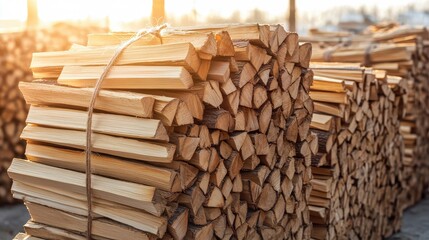 Stacked bundles of firewood ready for burning outdoors