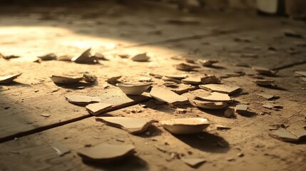 Shattered ceramic fragments scattered across a dusty ground with directional light casting shadows