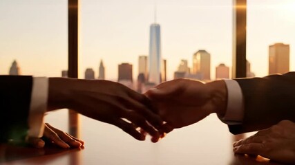 High-level executives finalize a significant deal with a firm handshake, overlooking a dynamic city at sunset.