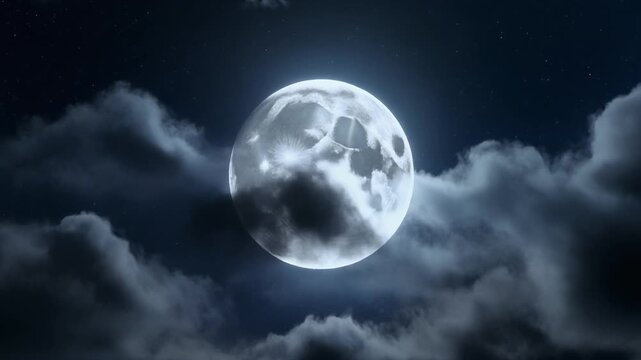 Mysterious Night Sky with Full Moon and Silver Lined Clouds