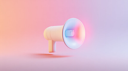 directional. Minimalist megaphone icon floating against an abstract gradient background in soft lighting. menu design, packaging mockups, designed for culinary blogs and recipe cards for restaurants.
