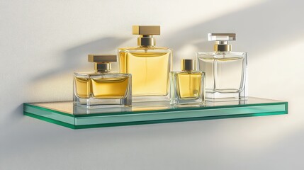Perfume bottles displayed on a modern glass shelf