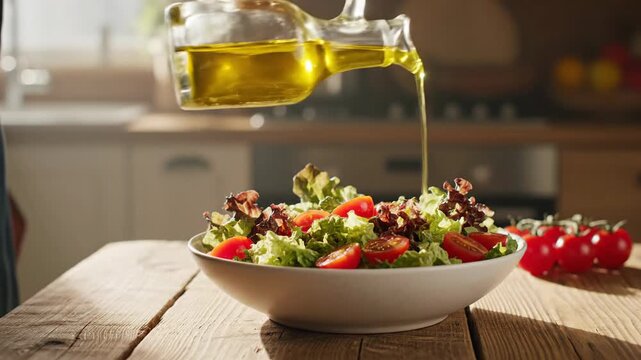 Fresh garden salad being dressed with extra virgin olive oil for a healthy meal preparation