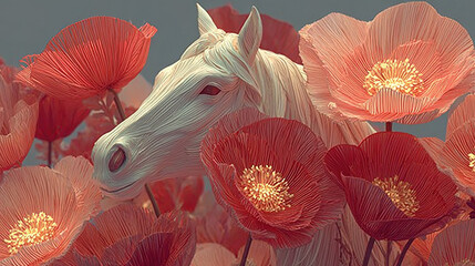 White horse surrounded by large, vibrant pink and red flowers.