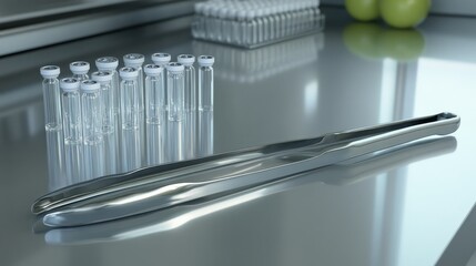 Sterile laboratory tongs resting on a gleaming metal surface with a rack of glass vials in the background representing science and medical analysis equipment