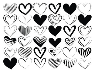 Collection of hand-drawn black hearts icon set