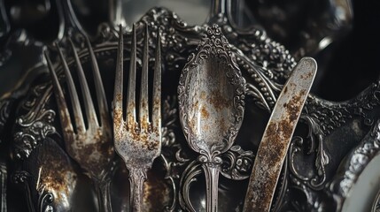 Tarnished antique silver cutlery showcasing dullness and rust in close up detail