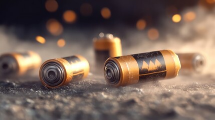 Scattered empty cylindrical battery casings in gold and black with soft light and dust