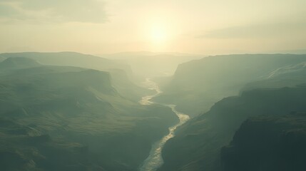 Scenic canyon landscape with sun shining over the river
