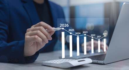 close up manager businessman write and think strategy of business profit with virtual statistic...