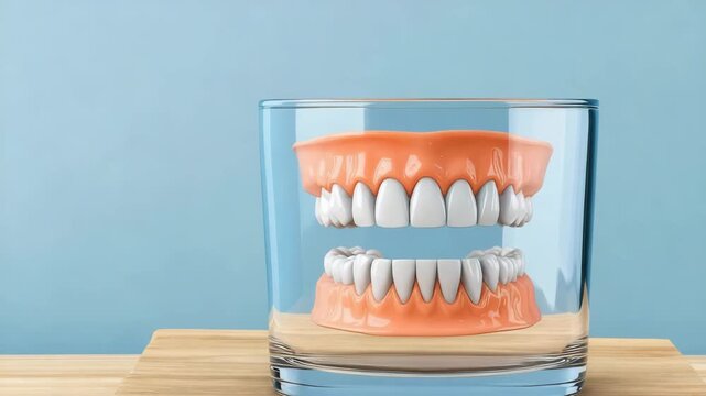 Fake teeth displayed in a glass on a wooden board against a light blue background in a simple setting