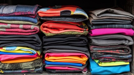 Stacks of folded high visibility vests in various bright colors ready for distribution