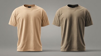 Two plain, short-sleeved shirts, one beige and one olive, displayed front-facing with simple necklines, against a gradient gray backdrop