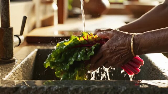 Experience the careful preparation of fresh, organic Swiss chard as skilled hands gently rinse it under a flowing stream of clean water within a