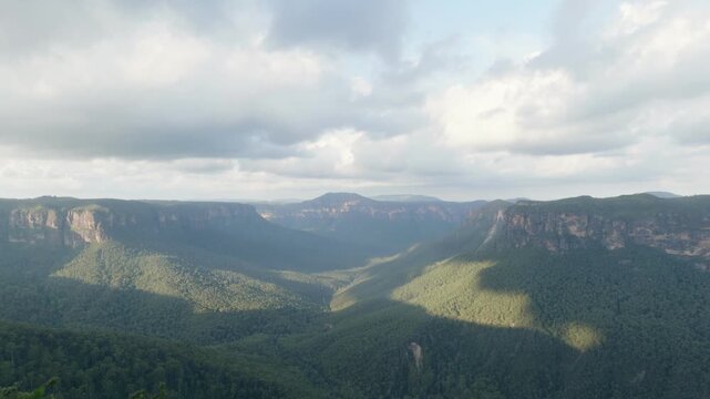 Static view from Evans Lookout capturing moody Blue Mountains wilderness with dramatic sandstone cliffs and eucalyptus valleys under brooding sky