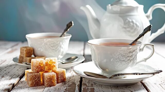 Two cups of tea with brown sugar cubes and a white teapot on a rustic white wooden table, 4k high quality video
