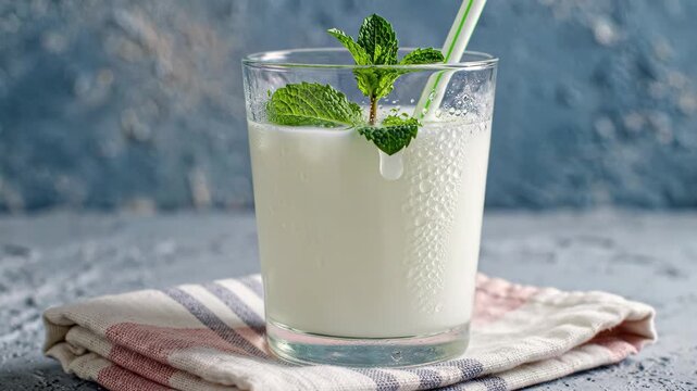 Glass of ayran or doogh, a cold savory yogurt drink, garnished with fresh mint, 4k high quality video