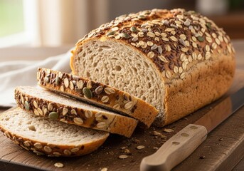 Freshly baked multigrain bread loaf sliced