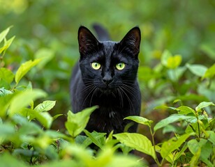 A sleek, black feline stares intently, surrounded by vibrant greenery