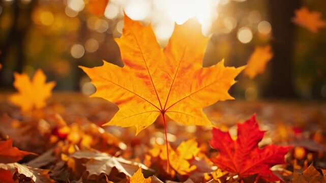 A mesmerizing autumn spectacle unfolds as vibrant maple leaves dance and descend gracefully through sunlit golden air creating a breathtaking