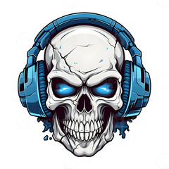 Skull wearing blue headphones with glowing blue eyes